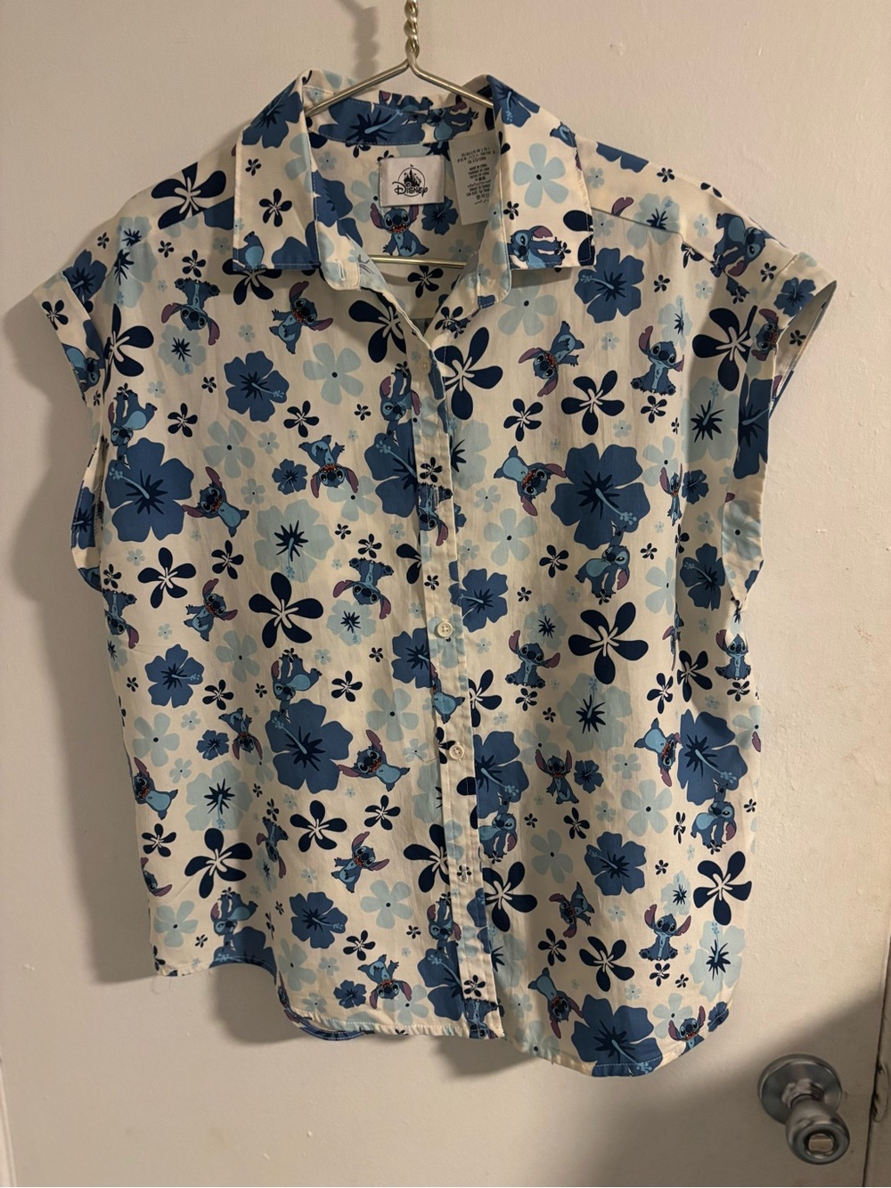Disney Stitch Hawaiian Shirt Adult L Blue Floral Tropical Button Up